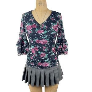 Whimsygoth Floral Lace Tiered Bell Sleeve Top Women XS Y2K Coquette Fairy Grunge